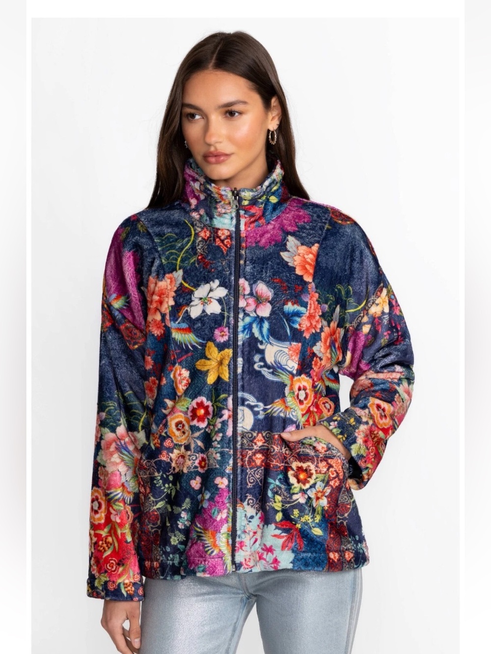 Johnny Was Joan Zip Cozy Large Sherpa Jacket Reversible Floral Mcdreamer Blue SP